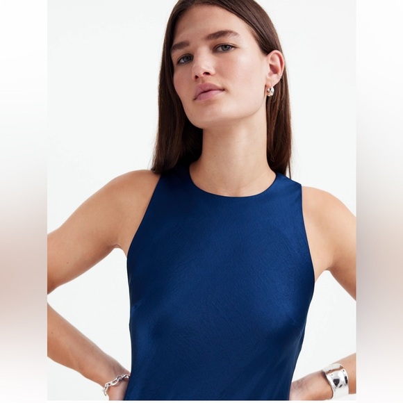 Madewell Deep Cobalt Satin Jeweltone Sleeveless Midi Flowy Dress NEW NS238 sz 0 - Picture 2 of 11